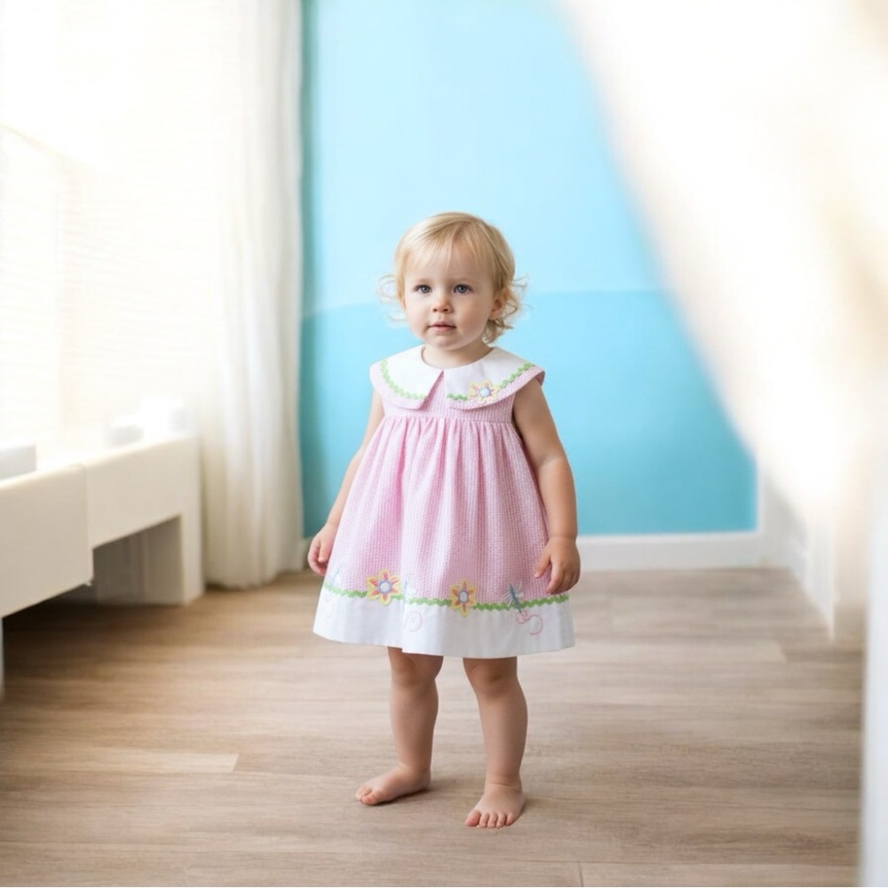 Samara Pink & White Sleeveless Dress with Floral Embroidery